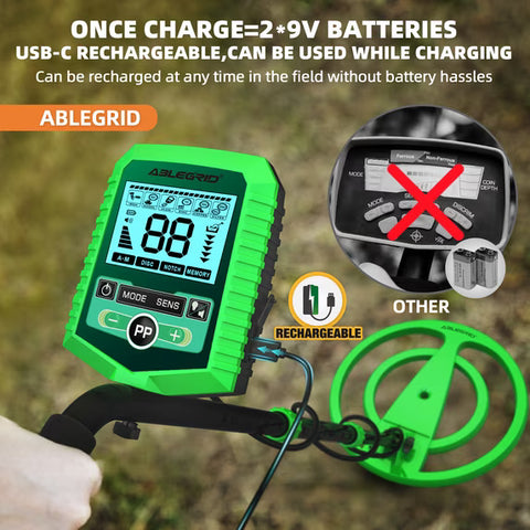 ABLEGRID Rechargeable Metal Detector – LCD Display, 5 Modes, 10" Waterproof Coil