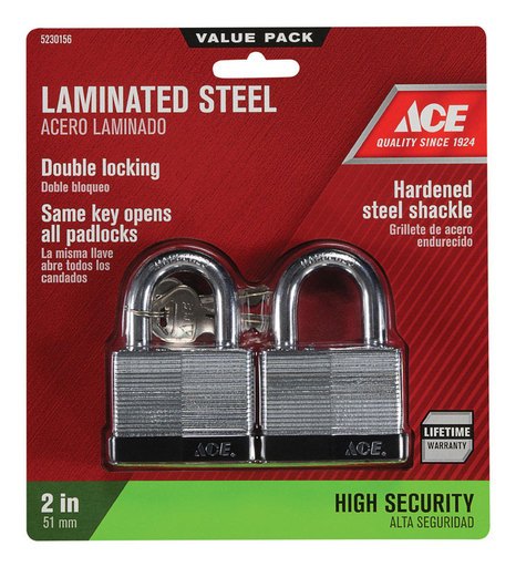 Ace Laminated Steel Double Locking Padlock, 1-1/2 in. H x 2 in. W x 1-1/16 in. L