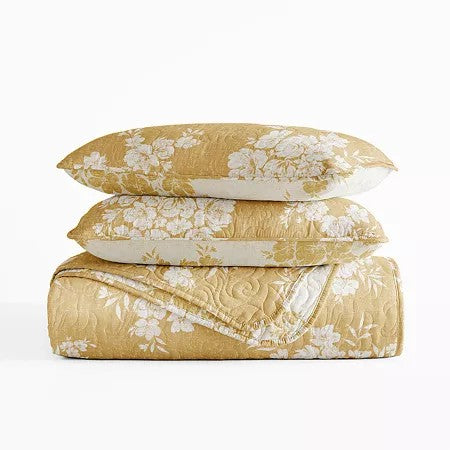 All Season 3-Piece Mustard Distressed Bouquet Reversible Microfiber Quilt Set, Full/Queen