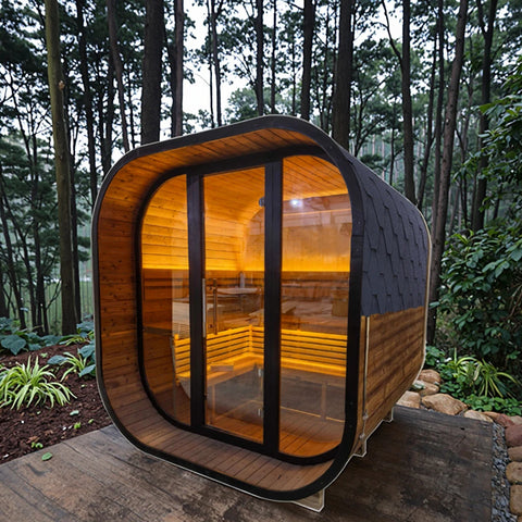 Square Spruce Home Sauna – Panoramic Glass Wall & Stainless Steel Heater
