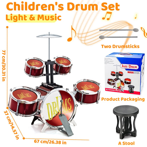 Big Size Kids Drum Set for Toddlers – 5-Piece Jazz Drum Kit with Star Light | Musical Toy for Ages 1-5