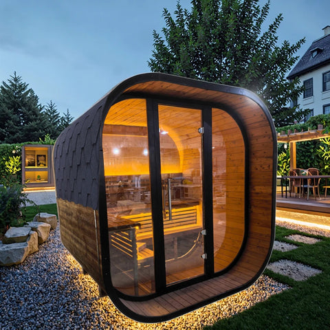 Square Spruce Home Sauna – Panoramic Glass Wall & Stainless Steel Heater