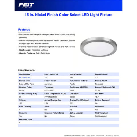 Feit EDGELIT 15" x 15" LED Flat Panel Light Fixture – Nickel Silver (1.1" Profile)
