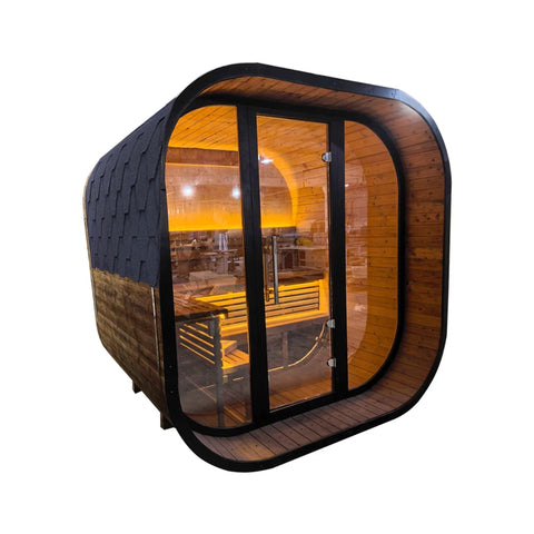 Square Spruce Home Sauna – Panoramic Glass Wall & Stainless Steel Heater