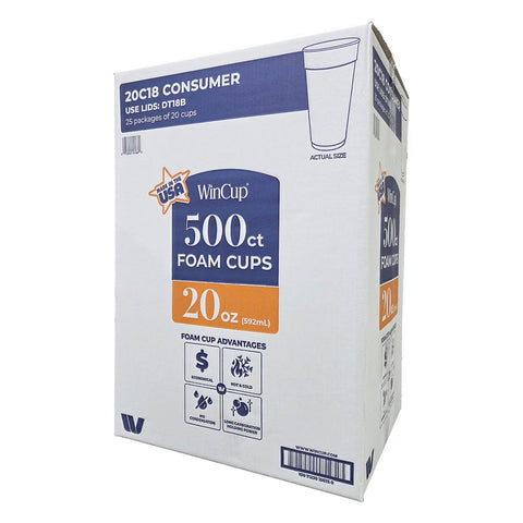 WinCup Foam Drink Cups, 18 Series, White, 20 oz, 500 Count
