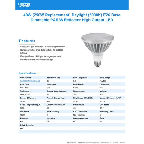 Feit Electric PAR38 LED Daylight Bulb – 250W Equivalent, E26 Medium Base