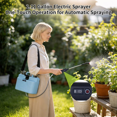 8L Rechargeable Electric Sprayer with 2000mAh Battery, Digital Display, 3 Speeds, 4 Nozzles & Telescopic Wand