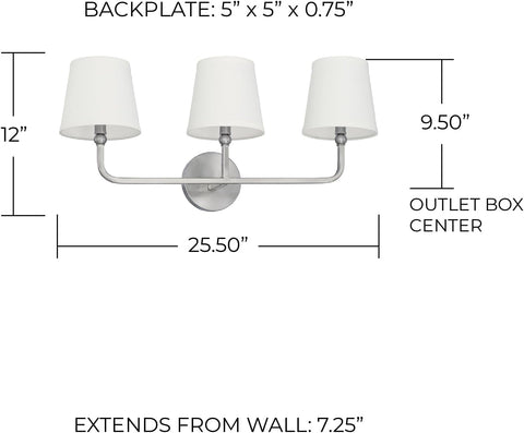 Capital Lighting 119331BN-674 Dawson Decorative White Fabric Stay-Straight Shades Bath Vanity Wall Mount, 3-Light 180 Total Watts, 12" H x 26" W, Brushed Nickel