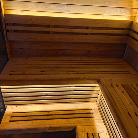 Square Spruce Home Sauna – Panoramic Glass Wall & Stainless Steel Heater