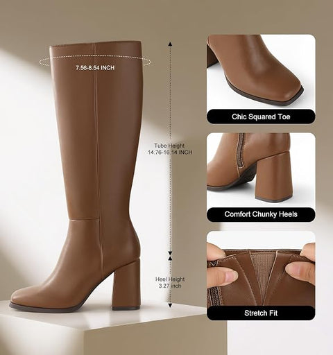 Ankis Women's Knee High Boots – Square Toe Chunky Heel Side Zipper | Brown PU | Size 9