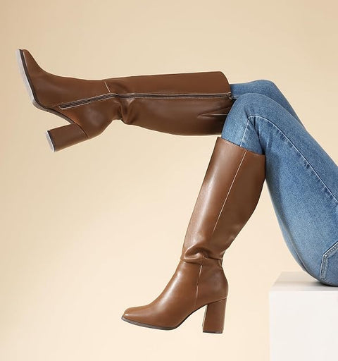 Ankis Women's Knee High Boots – Square Toe Chunky Heel Side Zipper | Brown PU | Size 9