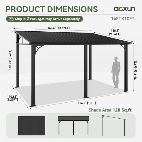 Aoxun 10' x 14' Lean to Gazebo Pergola with Sloping Roof for Patio, Black