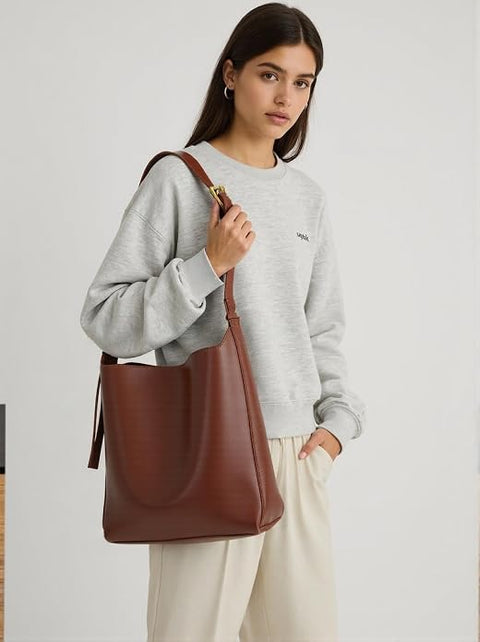 Leather Bucket Bags For Women,Slouchy Shoulder Bag Purses Hobo Tote Bags with Wallet