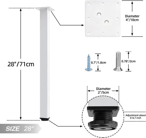 QLLY 28 inch Square Adjustable Metal Table Legs, Sturdy Heavy Duty Furniture Legs with Leveling Feet, Set of 4, White for Workbench, Industrial Desk and Custom DIY Furniture