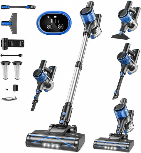 Yoma 8-in-1 Cordless Vacuum Cleaner, Lightweight with LED Display, 3 Suction Modes & 45-Min Detachable Battery, Blue