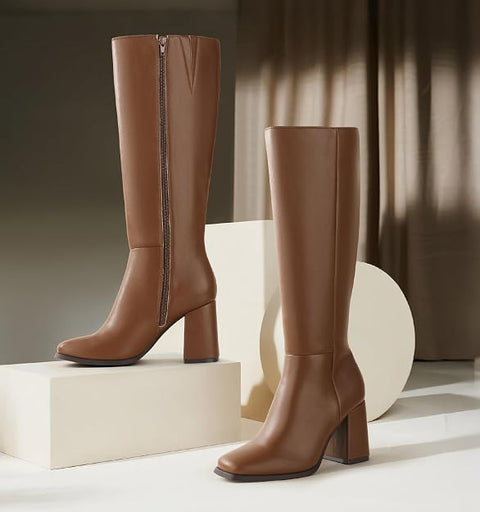 Ankis Women's Knee High Boots – Square Toe Chunky Heel Side Zipper | Brown PU | Size 9