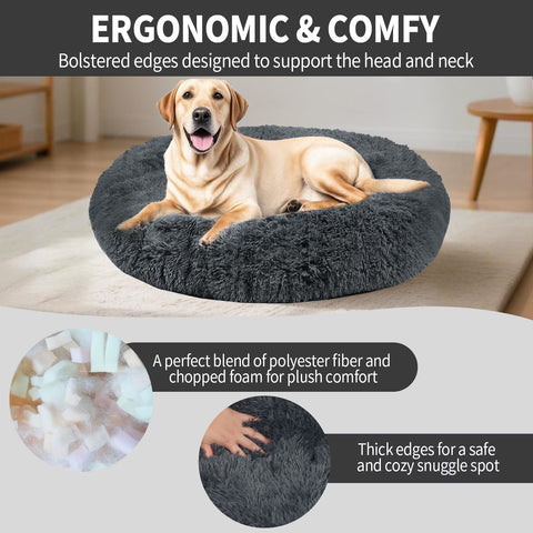 Calming Donut Dog Bed for Large Dogs, 35" Fluffy Washable Plush Round Bed with Non-Slip Bottom, Dark Gray