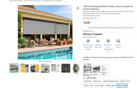 10'W x 8'H Integrated Roller Shades, Patio Sun Shade for Privacy Protection  Size: 120"W x 96"H