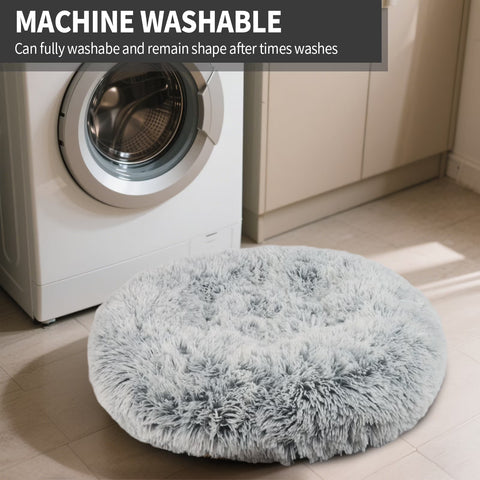 Calming Donut Dog Bed for Large Dogs, 35" Fluffy Washable Plush Round Bed with Non-Slip Bottom, Dark Gray