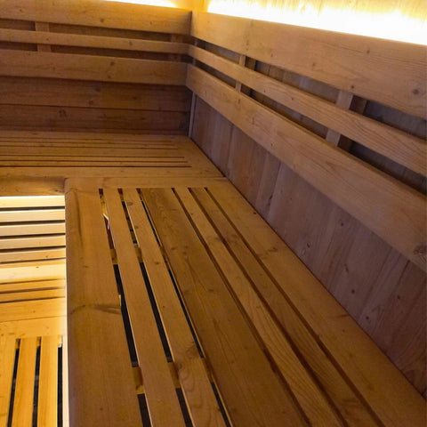 Square Spruce Home Sauna – Panoramic Glass Wall & Stainless Steel Heater