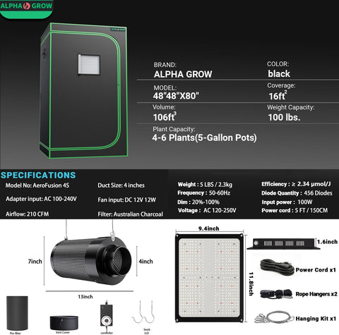 4x4 Complete Grow Tent Kit with LED Grow Light and Fan Filter, 48"x48"x80" 1680D Mylar Indoor Grow Tent System with AG1000 100W Full Spectrum Light, 4 Inch 2-in-1 Carbon Filter Fan, Silver Ducting