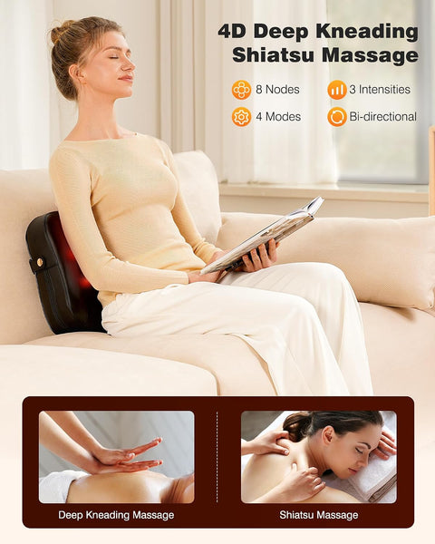 Shiatsu Back & Neck Massager with Heat – Deep Tissue Kneading Cushion