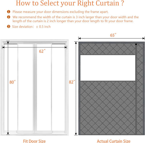 Thermal Door Curtain Fits Doors Size 62"x80"，Curtain Size 65"x82", Magnetic Insulated Curtain Side Open, Visible Panels,Keep Warm in Winter Cool in Summer,Gray