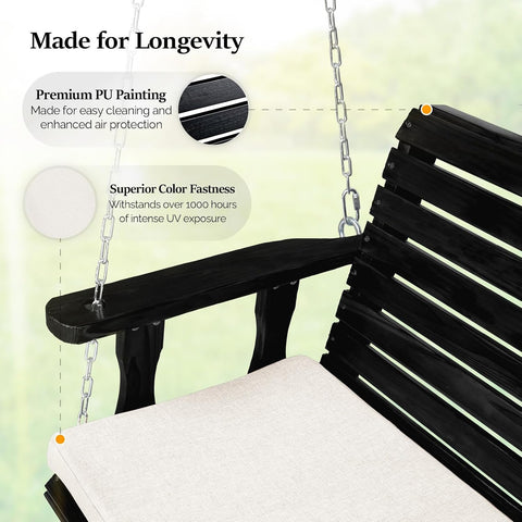 VINGLI 4 FT Heavy Duty Porch Swing with Cushion, 880 LBS Wooden, Black