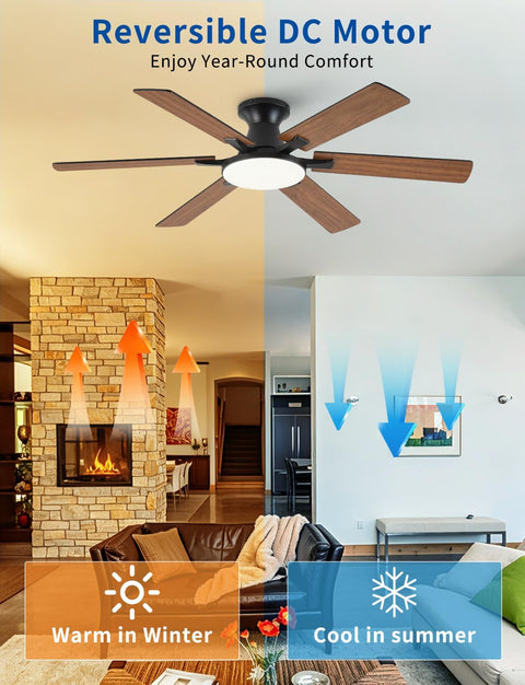 54" Low Profile Ceiling Fan with Light & Remote, Flush Mount, 6 Blades, 6 Speeds, Dimmable LED, Reversible DC Motor, Brown