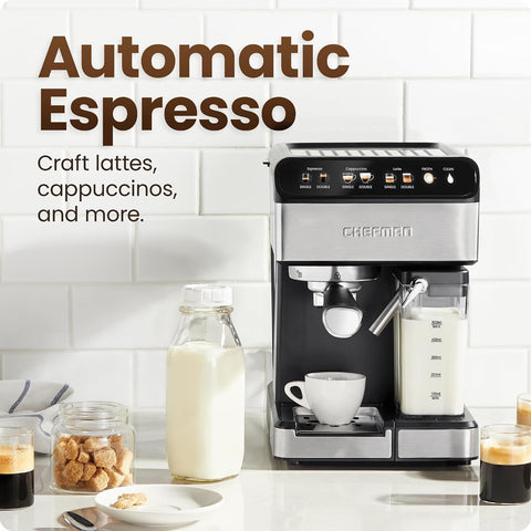 CHULUX CaféMaster Pro Espresso Machine, Brew Single or Double Shots, Coffee Maker with Built-In Milk Frother for Cappuccino & Latte, XL 1.8 Liter Removable Water Reservoir - Stainless Steel