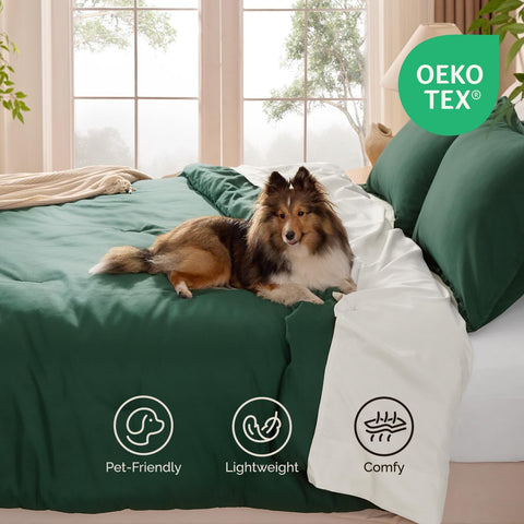 3-Piece Dark Emerald Green Queen Comforter Set – Boho Reversible Down Alternative