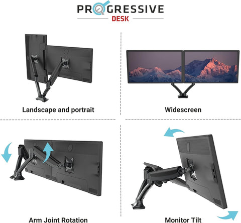 Dual Gas Spring Monitor Mount Stand – Fits 10"-27" Monitors, ±180° Rotation, 20 lbs per Arm