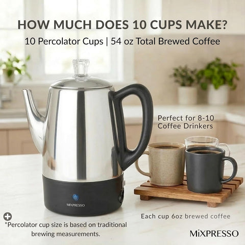 Mixpresso 10 Cup Electric Percolator Coffee Pot, Stainless Steel