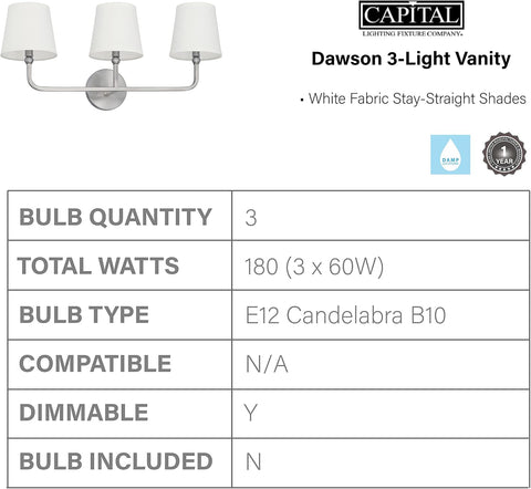 Capital Lighting 119331BN-674 Dawson Decorative White Fabric Stay-Straight Shades Bath Vanity Wall Mount, 3-Light 180 Total Watts, 12" H x 26" W, Brushed Nickel