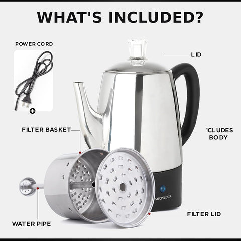 Mixpresso 10 Cup Electric Percolator Coffee Pot, Stainless Steel