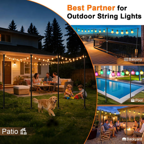 String Light Poles for Outside, 6 Pack Heavy-Duty Metal Poles with Fork for Outdoor String Lights, Patio, Backyard & Garden