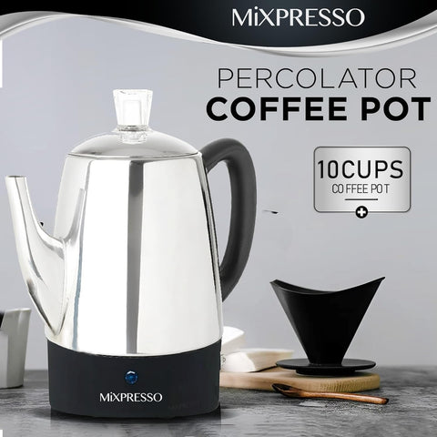 Mixpresso 10 Cup Electric Percolator Coffee Pot, Stainless Steel