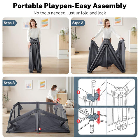 Baby Playpen Portable Pre-Assembled 71"x79" Large Foldable Play Yard for Babies & Toddlers with Carry Bag - Dark Grey
