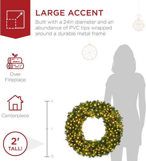 Best Choice Products 24in Large Artificial Pre-Lit Fir Christmas Wreath Holiday Accent Decoration w/ 50 LED Lights, 100 PVC Tips