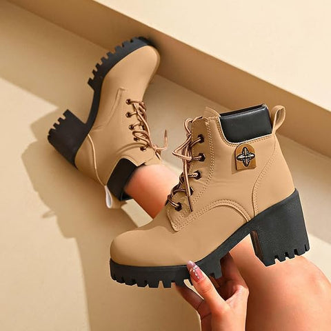 Chunky Thick Sole Lace Up Round Toe Combat Booties | Size 6