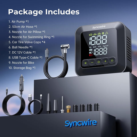Syncwire Tire Inflator Portable Air Compressor 150 PSI | 28mm Single-Cylinder | 3x2600mAh | Auto Stop | LED