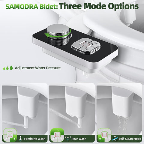 Non-Electric Bidet Attachment with Pressure Controls, Self-Cleaning Dual Nozzles for Front & Rear Wash, Black
