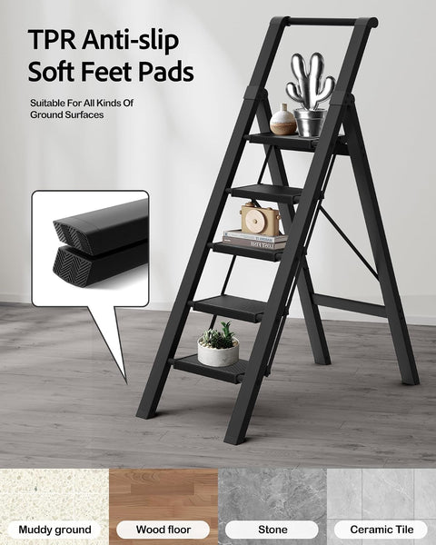 5 Step Ladder Foldable, Lightweight Aluminum Step Stool
