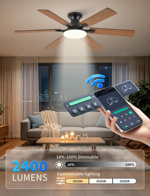 54" Low Profile Ceiling Fan with Light & Remote, Flush Mount, 6 Blades, 6 Speeds, Dimmable LED, Reversible DC Motor, Brown