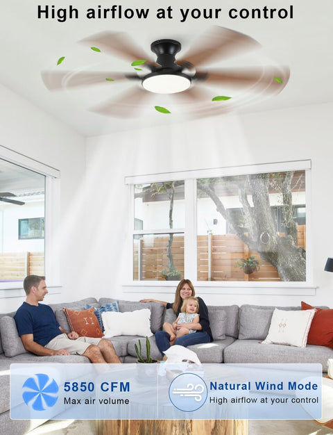 54" Low Profile Ceiling Fan with Light & Remote, Flush Mount, 6 Blades, 6 Speeds, Dimmable LED, Reversible DC Motor, Brown