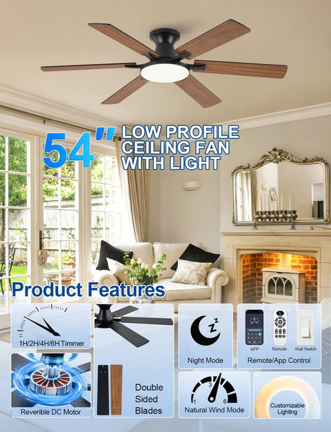 54" Low Profile Ceiling Fan with Light & Remote, Flush Mount, 6 Blades, 6 Speeds, Dimmable LED, Reversible DC Motor, Brown
