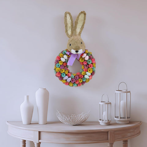 National Tree Company 24 in Artificial Easter Wreath Decorated with Colorful Wood Curl Flower Blooms, Pastel Eggs, Ribbon, Bunny Head, Indoor or Covered Outdoor Easter Decoration, Front Door Wreath