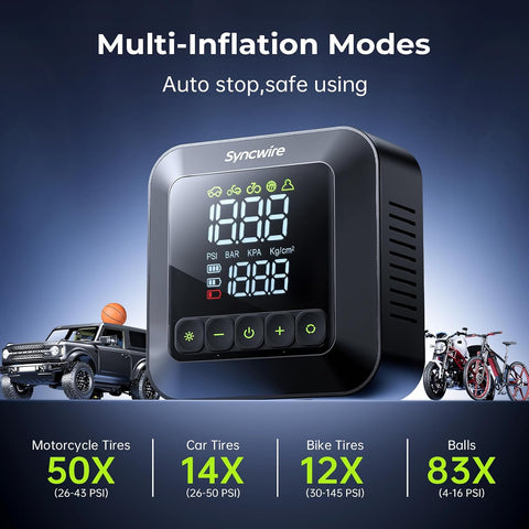 Syncwire Tire Inflator Portable Air Compressor 150 PSI | 28mm Single-Cylinder | 3x2600mAh | Auto Stop | LED