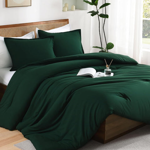 3-Piece Dark Emerald Green Queen Comforter Set – Boho Reversible Down Alternative