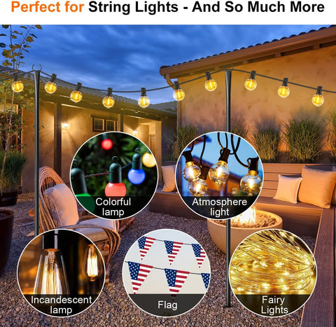 String Light Poles for Outside, 6 Pack Heavy-Duty Metal Poles with Fork for Outdoor String Lights, Patio, Backyard & Garden
